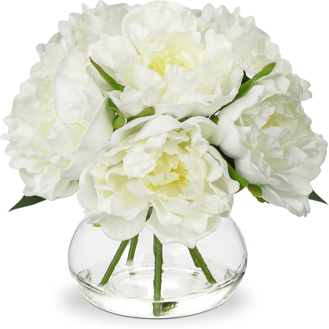 Hollyone White Peony Faux Flowers in Glass Vase